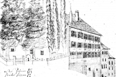 Figure 2 : Cette esquisse montre comment se présentait l’aile ouest de la maison Gaudard, le long de la rue Saint-Etienne, à la fin des années 1880. L’étage supérieur visible ici est occupé par les bureaux du Département de l’instruction publique (DIPC).